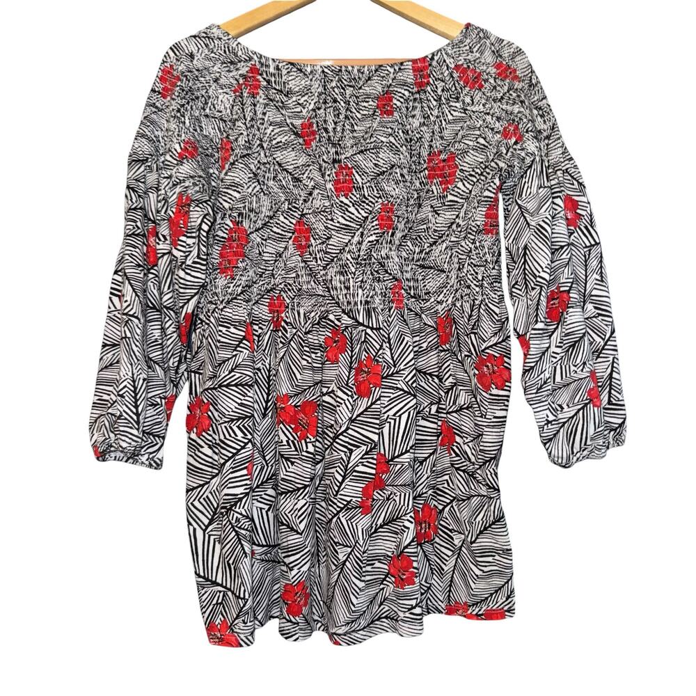J. Jill Smocked Floral Top Women's Large 3/4 Sleeve Red Black Geometric Vacation